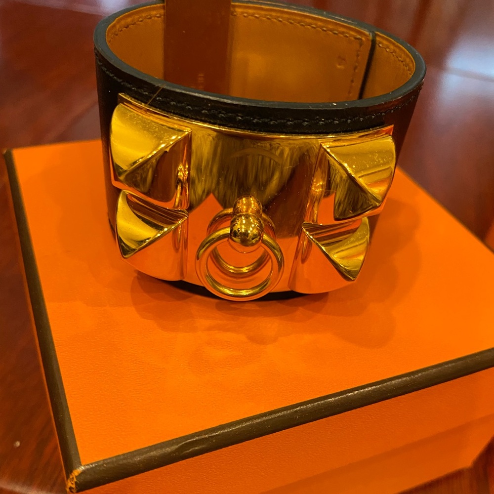 Hermes Black Leather Cuff with Gold Hardware